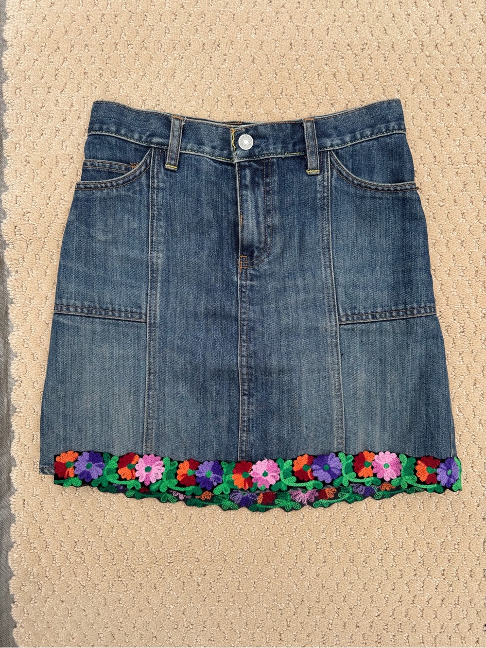 Gap Denim Midi Skirt with Floral Crochet Hem - Blue
